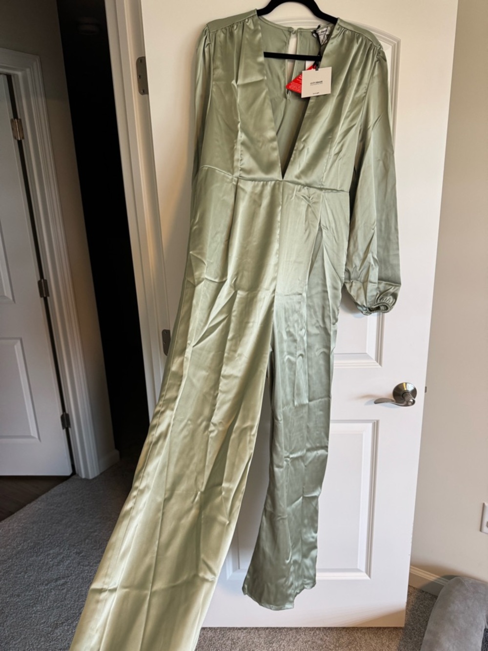 Size 14- Light Sage Satin Long Sleeve Jumpsuit